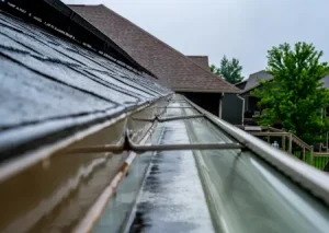 Rainwater in Gutter with Downspout Connected to Sewer Before Underground Drainage System Installation